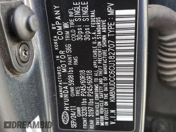 2012 Hyundai Veracruz Limited with VIN KM8NUDCC6CU182707, listed as a Copart auction lot 49822935 with 193,123 mi miles and Clean title. Bid and sale history available at DreamBid. Image 12.