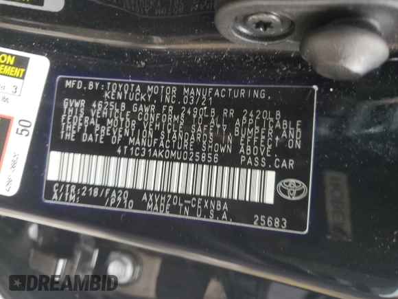 2021 Toyota Camry Hybrid LE with VIN 4T1C31AK0MU025856, listed as a Copart auction lot 87890255 with 50,247 mi miles and Salvage Title. Bid and sale history available at carsss.com. Image 13.