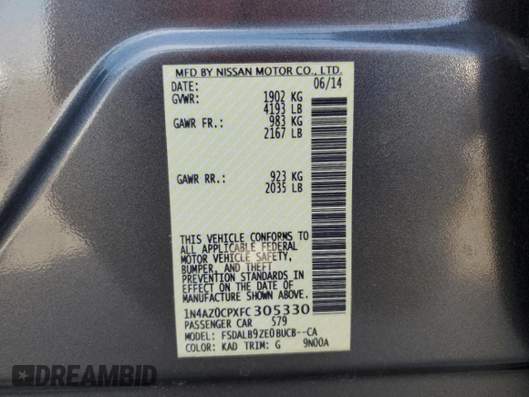2015 Nissan LEAF SV with VIN 1N4AZ0CPXFC305330, listed as a Copart auction lot 57963873 with 42,073 mi miles. Bid and sale history available at carsss.com. Image 14.