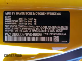 2022 Toyota Supra 3.0 z VIN WZ1DB0C09NW049985, wystawiony jako Copart lot #68956213 z przebiegiem 18 457 mil mil oraz . Historia ofert i sprzedaży dostępna na DreamBid. Obrazek 12.
