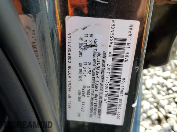 2012 Mazda 3 i Sport with VIN JM1BL1UG9C1513307, listed as a Copart auction lot 52688985 with 236,852 mi miles and Salvage title. Bid and sale history available at DreamBid. Image 12.