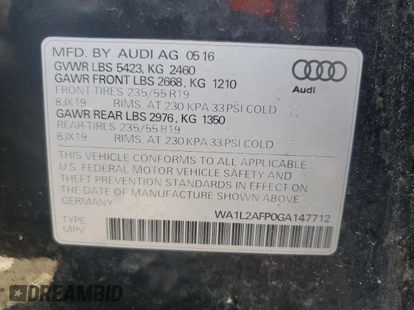 2016 Audi Q5 Premium Plus with VIN WA1L2AFP0GA147712, listed as a Copart auction lot 57339845 with 78,261 mi miles and Salvage title. Bid and sale history available at DreamBid. Image 13.