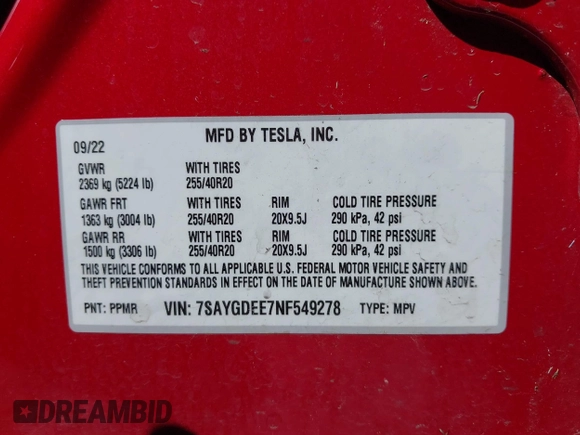 2022 Tesla Model Y Long Range with VIN 7SAYGDEE7NF549278, listed as a IAAI auction lot 42072801 with 39,374 mi miles and . Bid and sale history available at carsss.com. Image 9.