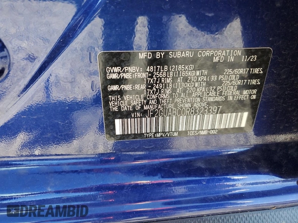 2024 Subaru Crosstrek с VIN JF2GUABC0R8323397, выставлен на аукционе Copart как лот 55295735 с пробегом 5 871 миль миль и Списание • Salvage title. История ставок и продаж доступна на DreamBid. Изображение 13.