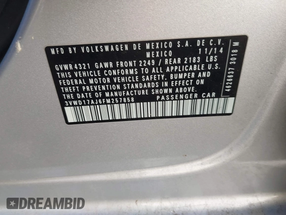 2015 Volkswagen Jetta SE z VIN 3VWD17AJ6FM257858, wystawiony jako IAAI lot #41007963 z przebiegiem 165 064 mil mil oraz . Historia ofert i sprzedaży dostępna na DreamBid. Obrazek 9.
