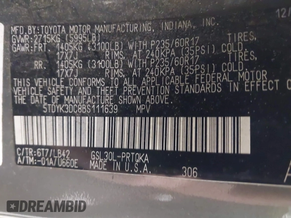 2011 Toyota Sienna XLE AAS with VIN 5TDYK3DC8BS111639, listed as a IAAI auction lot 42108488 with 300,872 mi miles and . Bid and sale history available at DreamBid. Image 9.