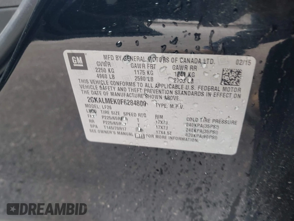2015 GMC Terrain SLE with VIN 2GKALMEK0F6284800, listed as a IAAI auction lot 42511332 with 150,214 mi miles and . Bid and sale history available at DreamBid. Image 9.
