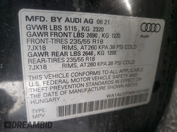 2022 Audi Q3 Premium with VIN WA1AUCF34N1001093, listed as a Copart auction lot 42963393 with 21,932 mi miles and . Bid and sale history available at DreamBid. Image 13.