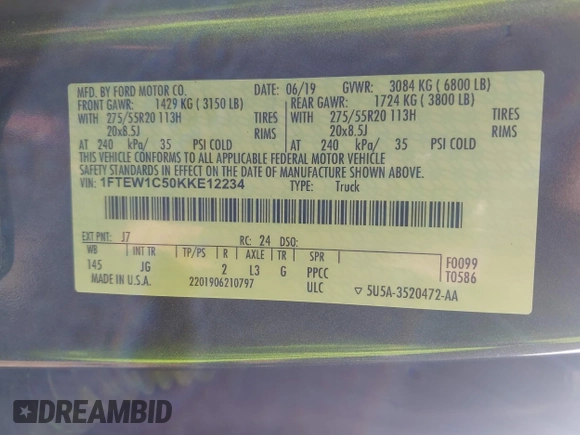 2019 Ford F-150 XL with VIN 1FTEW1C50KKE12234, listed as a IAAI auction lot 42197824 with 130,738 mi miles and . Bid and sale history available at DreamBid. Image 9.