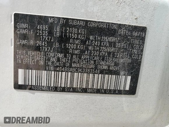 2019 Subaru Outback with VIN 4S4BSABC9K3383546, listed as a Copart auction lot 55347205 with 67,323 mi miles and Salvage title. Bid and sale history available at DreamBid. Image 13.