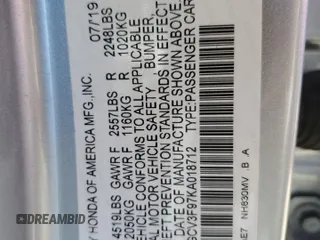 2019 Honda Accord Touring with VIN 1HGCV3F97KA018712, listed as a Copart auction lot 61665185 with 104,392 mi miles and Salvage title. Bid and sale history available at DreamBid. Image 12.