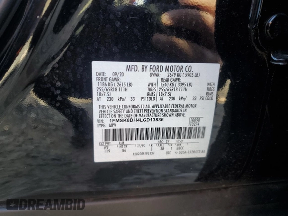 2020 Ford Explorer XLT with VIN 1FMSK8DH4LGD13836, listed as a Copart auction lot 45087505 with 79,251 mi miles and Salvage Title. Bid and sale history available at carsss.com. Image 13.