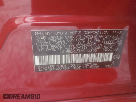 2007 Lexus IS 350 with VIN JTHBE262875014805, listed as a Copart auction lot 65208685 with 168,036 mi miles and Salvage title. Bid and sale history available at DreamBid. Image 12.