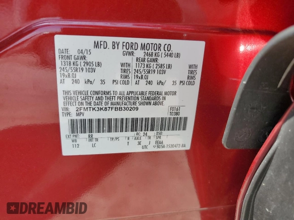 2015 Ford Edge Titanium z VIN 2FMTK3K87FBB30209, wystawiony jako Copart lot #57725425 z przebiegiem 85 562 mil mil oraz Szkoda całkowita • Salvage title. Historia ofert i sprzedaży dostępna na DreamBid. Obrazek 14.