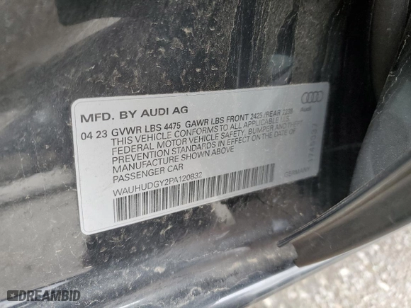 2023 Audi A3 Premium Plus with VIN WAUHUDGY2PA120832, listed as a Copart auction lot 45566805 with 15,014 mi miles and Salvage Title. Bid and sale history available at carsss.com. Image 14.