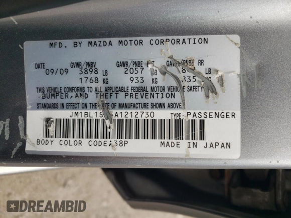 2010 Mazda 3 i Touring with VIN JM1BL1SG5A1212730, listed as a Copart auction lot 53052315 with 88,432 mi miles and Clean Title. Bid and sale history available at DreamBid. Image 12.