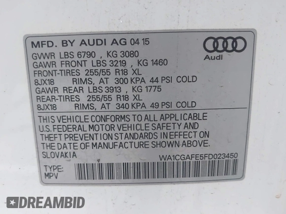 2015 Audi Q7 Premium with VIN WA1CGAFE5FD023450, listed as a IAAI auction lot 41759897 with 89,512 mi miles and . Bid and sale history available at DreamBid. Image 9.