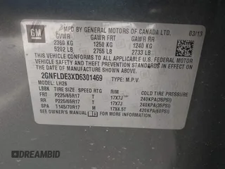 2013 Chevrolet Equinox LT with VIN 2GNFLDE3XD6301469, listed as a IAAI auction lot 41834523 with 223,614 mi miles and . Bid and sale history available at DreamBid. Image 9.
