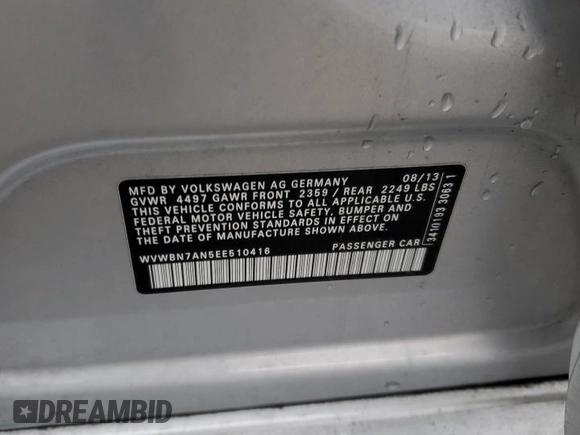 2014 Volkswagen CC Sport с VIN WVWBN7AN5EE510416, выставлен на аукционе Copart как лот 83807544 с пробегом 97 027 миль миль и Списание • Salvage title. История ставок и продаж доступна на DreamBid. Изображение 14.
