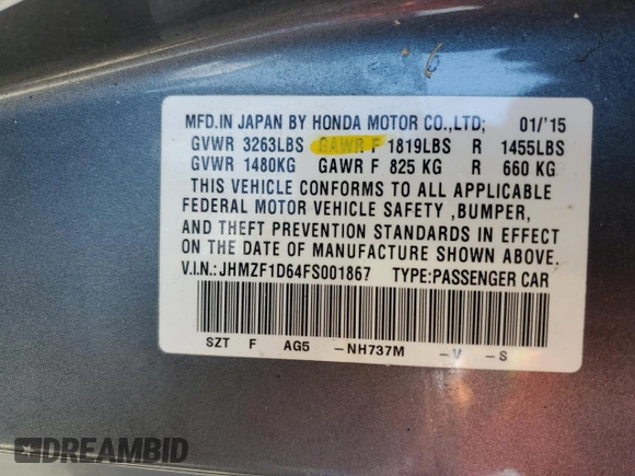 2015 Honda CR-Z EX with VIN JHMZF1D64FS001867, listed as a Copart auction lot 74024764 with Not Provided miles and Salvage Title. Bid and sale history available at carsss.com. Image 13.