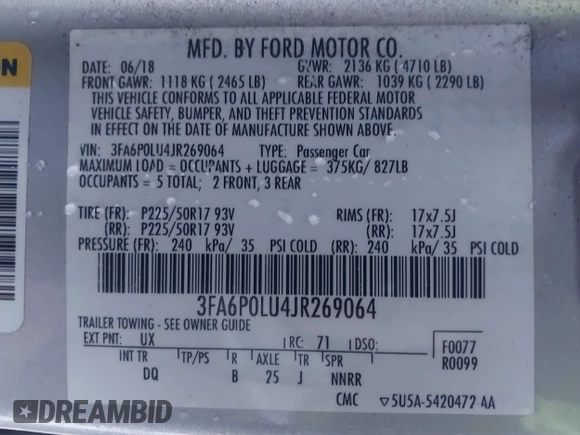 2018 Ford Fusion SE z VIN 3FA6P0LU4JR269064, wystawiony jako IAAI lot #41222967 z przebiegiem 115 077 mil mil oraz . Historia ofert i sprzedaży dostępna na DreamBid. Obrazek 9.