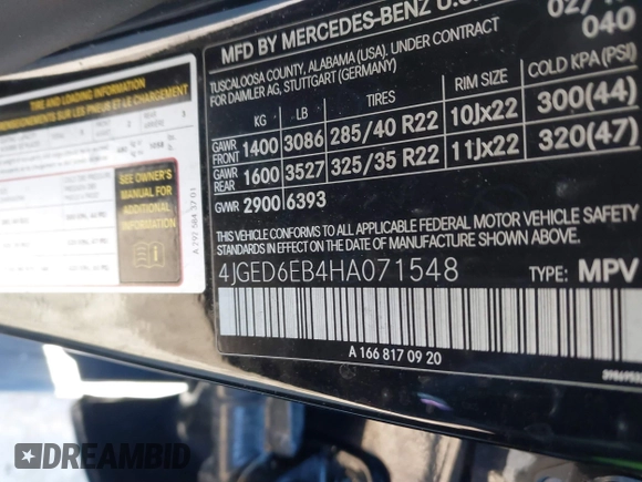 2017 Mercedes-Benz GLE 43 AMG with VIN 4JGED6EB4HA071548, listed as a IAAI auction lot 41408935 with Not provided miles and . Bid and sale history available at DreamBid. Image 9.