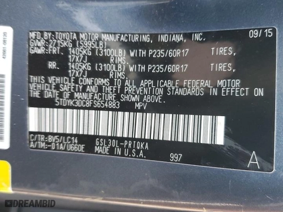 2015 Toyota Sienna XLE with VIN 5TDYK3DC8FS654883, listed as a Copart auction lot 84719274 with 0 mi miles and Salvage Title. Bid and sale history available at carsss.com. Image 14.