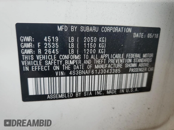 2018 Subaru Legacy Premium with VIN 4S3BNAF61J3043385, listed as a Copart auction lot 61836425 with 61,772 mi miles and Salvage title. Bid and sale history available at DreamBid. Image 13.