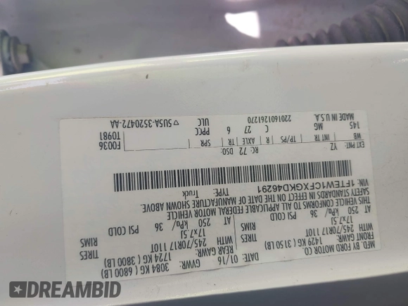 2016 Ford F-150 XL with VIN 1FTEW1CFXGKD46291, listed as a IAAI auction lot 41818541 with 156,827 mi miles and . Bid and sale history available at DreamBid. Image 9.