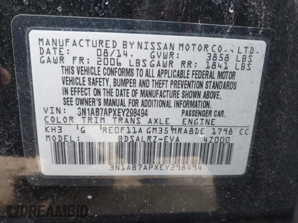 2014 Nissan Sentra SR with VIN 3N1AB7APXEY298494, listed as a IAAI auction lot 41610578 with 99,690 mi miles and . Bid and sale history available at DreamBid. Image 9.