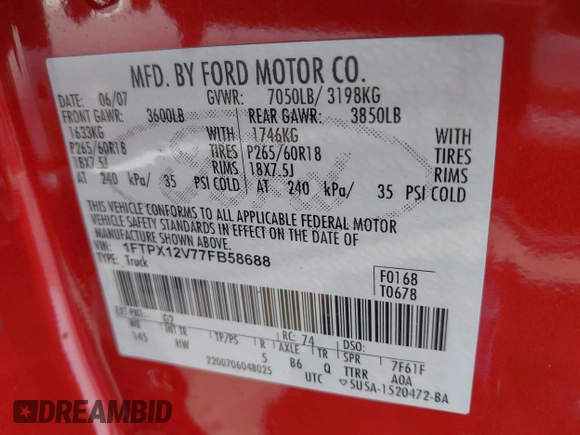 2007 Ford F-150 XL z VIN 1FTPX12V77FB58688, wystawiony jako IAAI lot #42111979 z przebiegiem 207 824 mil mil oraz . Historia ofert i sprzedaży dostępna na DreamBid. Obrazek 9.