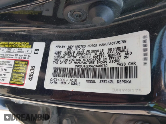 2010 Toyota Corolla with VIN 1NXBU4EEXAZ348970, listed as a IAAI auction lot 42454532 with 120,368 mi miles and . Bid and sale history available at DreamBid. Image 9.