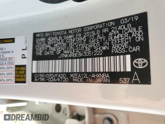 2019 Toyota Corolla Hatchback SE with VIN JTNK4RBE8K3051222, listed as a Copart auction lot 71720484 with 0 mi miles and Non Repairable. Bid and sale history available at carsss.com. Image 12.