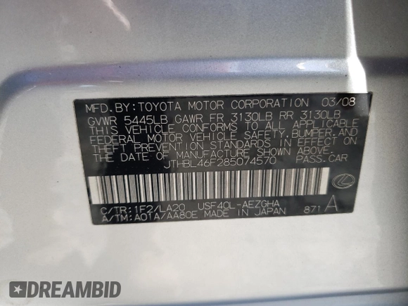 2008 Lexus LS 460 с VIN JTHBL46F285074570, выставлен на аукционе Copart как лот 57318045 с пробегом 193 057 миль миль и Списание • Salvage title. История ставок и продаж доступна на DreamBid. Изображение 12.