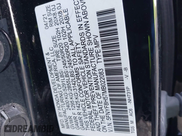 2021 Honda Passport EX-L с VIN 5FNYF8H57MB022083, выставлен на аукционе IAAI как лот 42399294 с пробегом 61 014 миль миль и . История ставок и продаж доступна на DreamBid. Изображение 9.