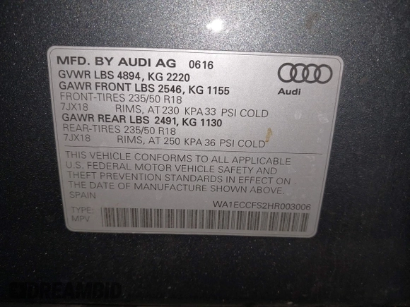 2017 Audi Q3 Premium with VIN WA1ECCFS2HR003006, listed as a IAAI auction lot 41947406 with 45,602 mi miles. Bid and sale history available at carsss.com. Image 9.