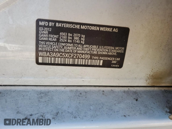 2012 BMW 3 Series 335i z VIN WBA3A9C5XCF270499, wystawiony jako Copart lot #73593204 z przebiegiem 121 602 mil mil oraz Szkoda całkowita • Salvage title. Historia ofert i sprzedaży dostępna na DreamBid. Obrazek 12.