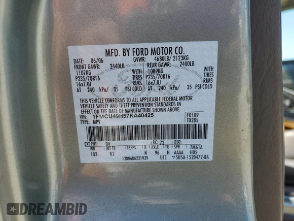 2007 Ford Escape Hybrid with VIN 1FMCU49H57KA40425, listed as a Copart auction lot 53207275 with 193,837 mi miles and Clean title. Bid and sale history available at DreamBid. Image 13.