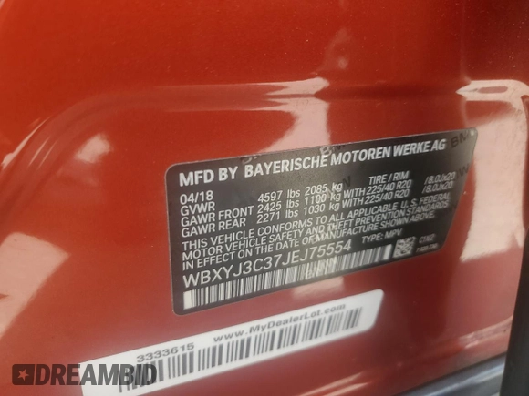 2018 BMW X2 sDrive28i with VIN WBXYJ3C37JEJ75554, listed as a Copart auction lot 58845425 with 90,110 mi miles and Salvage title. Bid and sale history available at DreamBid. Image 14.