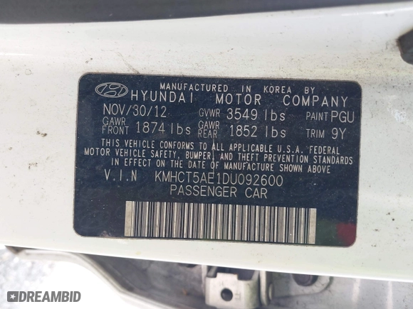 2013 Hyundai Accent GL with VIN KMHCT5AE1DU092600, listed as a IAAI auction lot 41901615 with 126,327 mi miles. Bid and sale history available at carsss.com. Image 9.