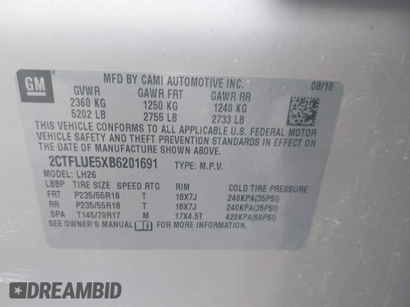 2011 GMC Terrain SLT-1 with VIN 2CTFLUE5XB6201691, listed as a IAAI auction lot 41843933 with 108,647 mi miles and . Bid and sale history available at carsss.com. Image 9.