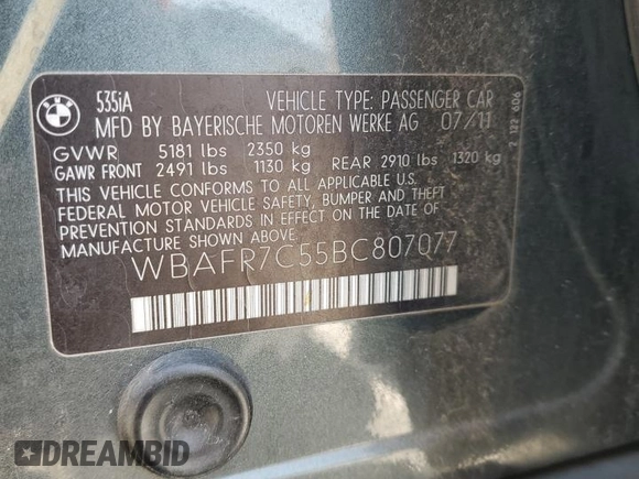 2011 BMW 5 Series 535i z VIN WBAFR7C55BC807077, wystawiony jako Copart lot #55354805 z przebiegiem Nie podano mil oraz Szkody całkowita. Historia ofert i sprzedaży dostępna na DreamBid. Obrazek 12.