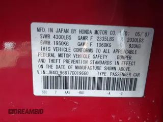 2007 Acura TSX z VIN JH4CL96877C019660, wystawiony jako IAAI lot #41822732 z przebiegiem 178 005 mil mil oraz . Historia ofert i sprzedaży dostępna na DreamBid. Obrazek 9.