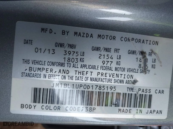 2013 Mazda Mazda3 i Sport with VIN JM1BL1UP0D1785195, listed as a IAAI auction lot 41916060 with 113,611 mi miles. Bid and sale history available at carsss.com. Image 9.