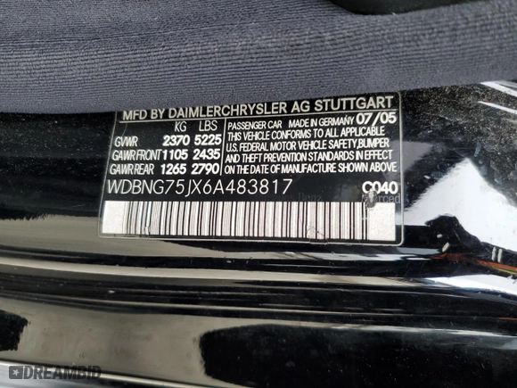 2006 Mercedes-Benz S-Class 5.0L with VIN WDBNG75JX6A483817, listed as a Copart auction lot 44381565 with 0 mi miles and Non Repairable. Bid and sale history available at carsss.com. Image 12.