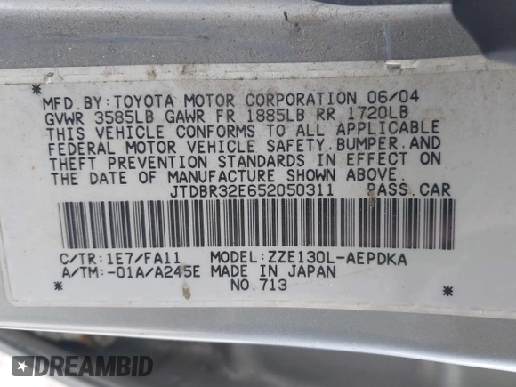 2005 Toyota Corolla CE with VIN JTDBR32E652050311, listed as a IAAI auction lot 41935276 with 142,486 mi miles and . Bid and sale history available at DreamBid. Image 9.