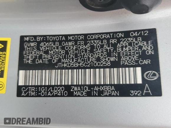 2012 Lexus CT 200h with VIN JTHKD5BH5C2100258, listed as a Copart auction lot 50831605 with 174,852 mi miles and Non repairable. Bid and sale history available at DreamBid. Image 16.