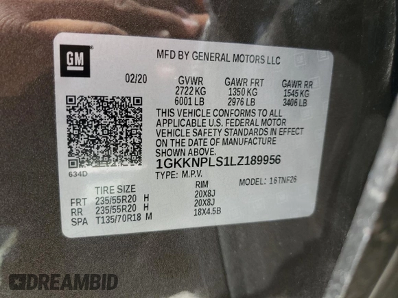 2020 GMC Acadia Denali with VIN 1GKKNPLS1LZ189956, listed as a Copart auction lot 56107695 with 78,711 mi miles and Salvage title. Bid and sale history available at DreamBid. Image 13.