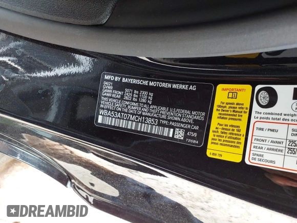 2021 BMW 4 Series M440i with VIN WBA53AT07MCH13853, listed as a IAAI auction lot 41788733 with 53,518 mi miles and . Bid and sale history available at DreamBid. Image 9.