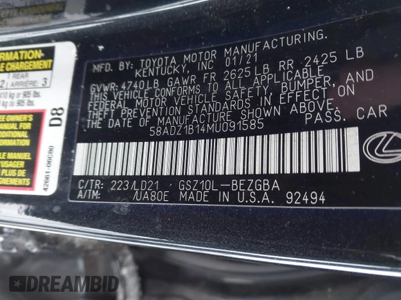 2021 Lexus ES with VIN 58ADZ1B14MU091585, listed as a IAAI auction lot 41576482 with 30,535 mi miles. Bid and sale history available at carsss.com. Image 9.
